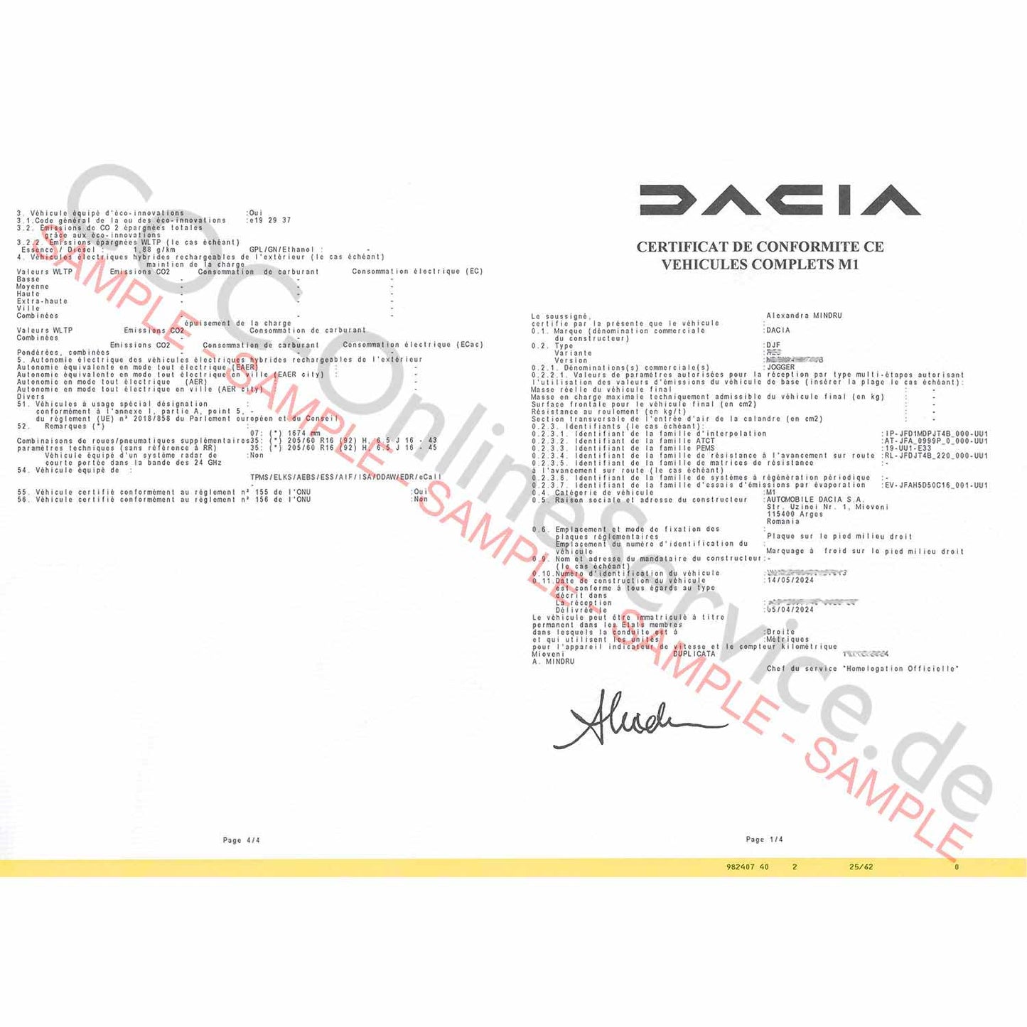 Documentos COC para Dacia (Certificado de Conformidade)