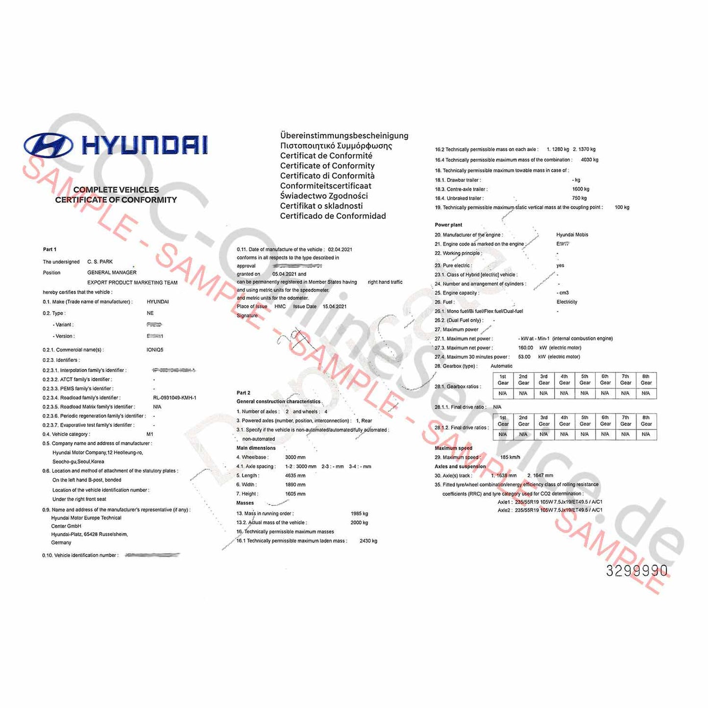 Documents COC pour Hyundai (Certificat de Conformité)