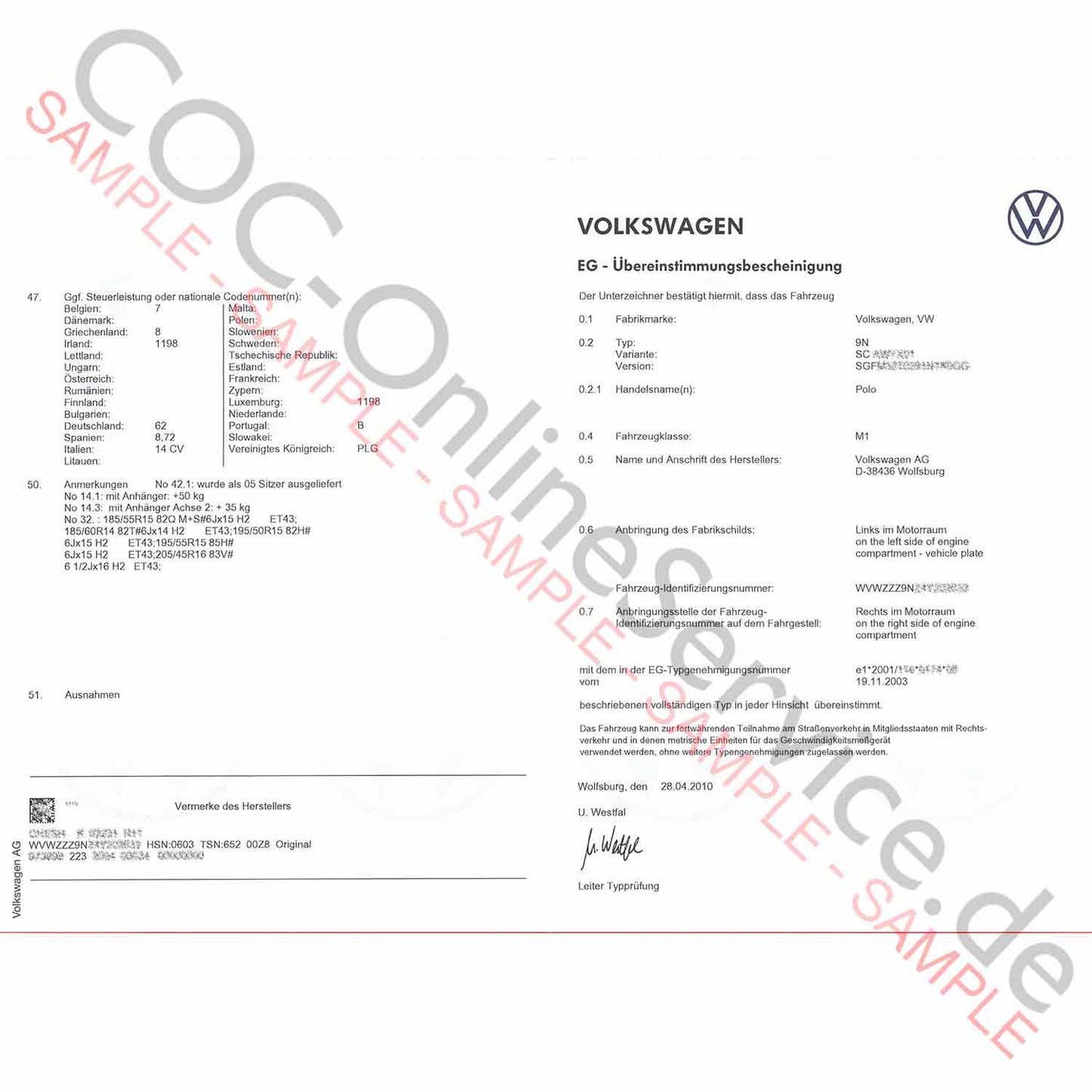 Papéis COC para VW Volkswagen (Certificado de Conformidade)