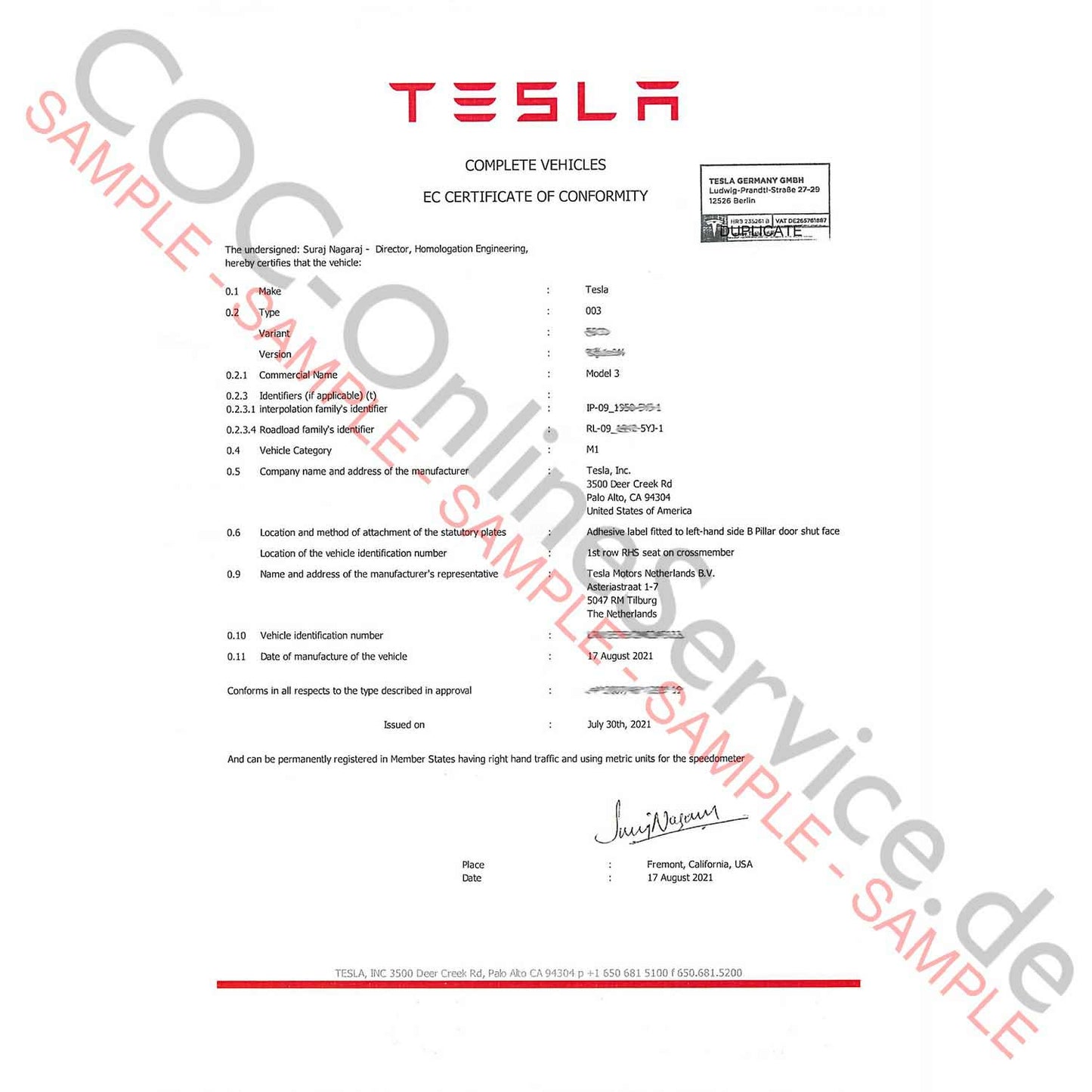 Documentos COC para Tesla (Certificate of Conformity)